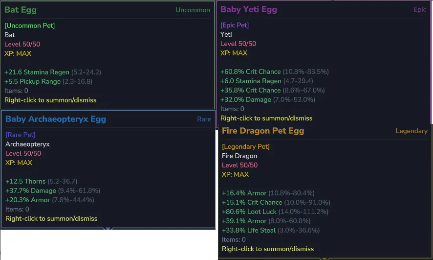 Hytale pet güncellemesi detayları: Rarity sistemi ve efsanevi kalite stat ekranı.