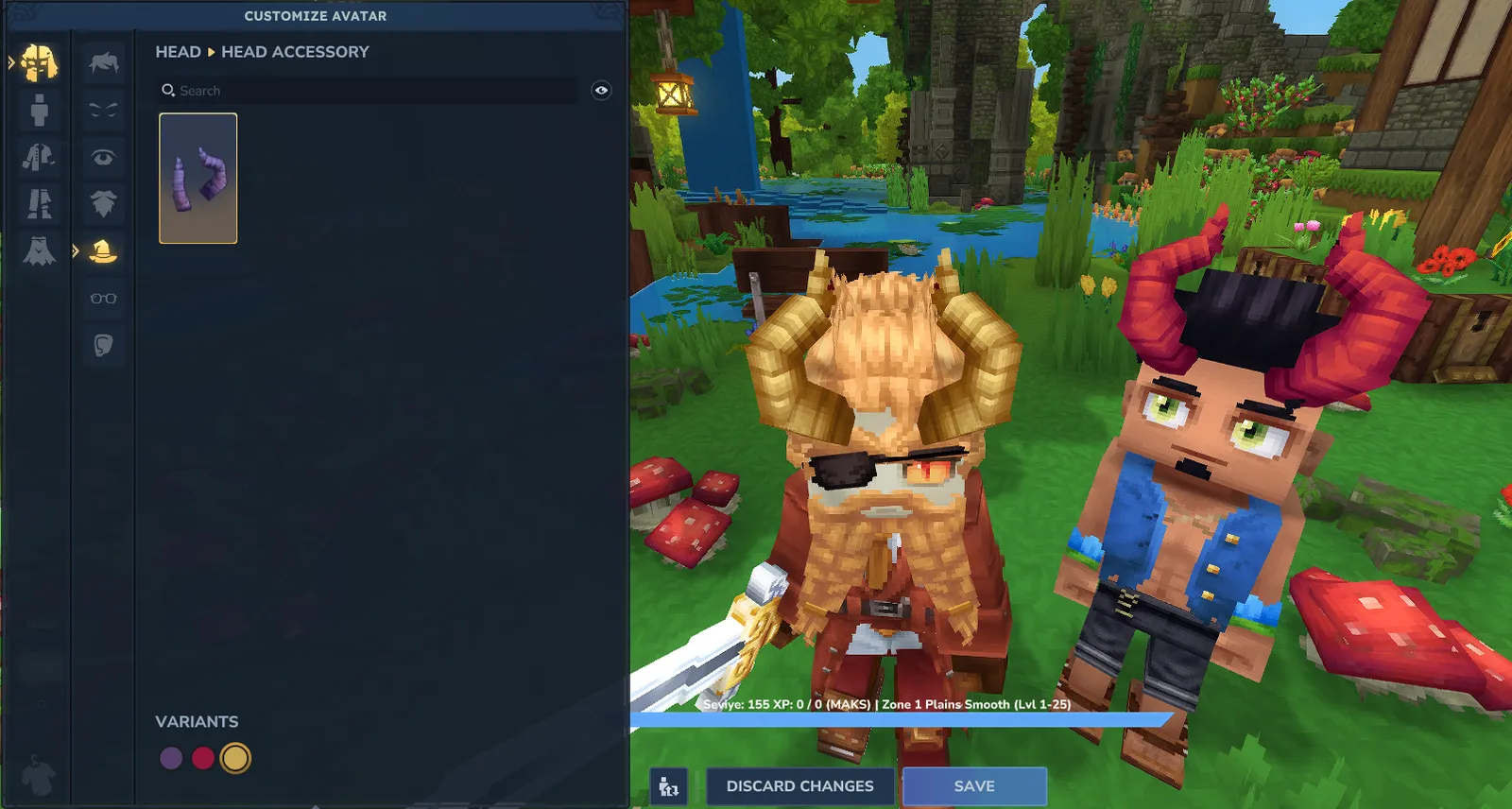 UnioTale RPG Survival kozmetik güncellemesi, Şeytani Boynuzlar ve Kozmetik Aynası arayüzü.