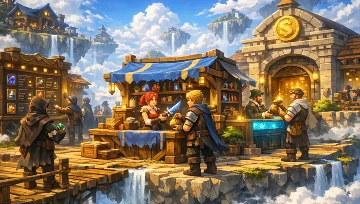 SkyBlock Auction House, Player Shop ve Banka Sistemi icin Hytale-style SkyBlock kapak gorseli